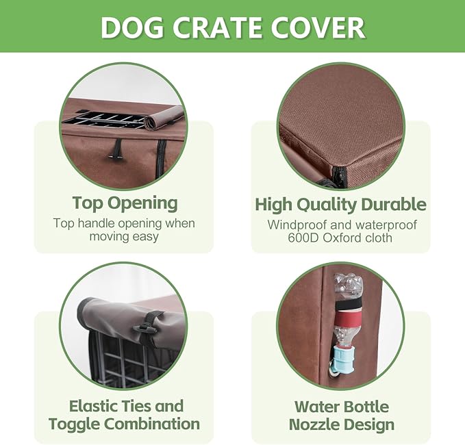 Dog Crate Cover 36 Inch - Waterproof Kennel Cover with Top Window, 600D Oxford Fabric Dog Cage Cover Fit for Most Double Door Wire Crate, Unique Drinking Hole Design, Brown (Cover Only)