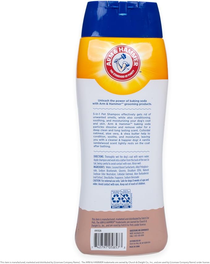 Arm & Hammer for Pets 5-in-1 Pet Shampoo with Conditioner, Vanilla Sandalwood Scent - Deodorizing, Skin Soothing, and Moisturizing Ingredients, Dog Oatmeal Shampoo with Aloe and Shea Butter, 20 Fl Oz