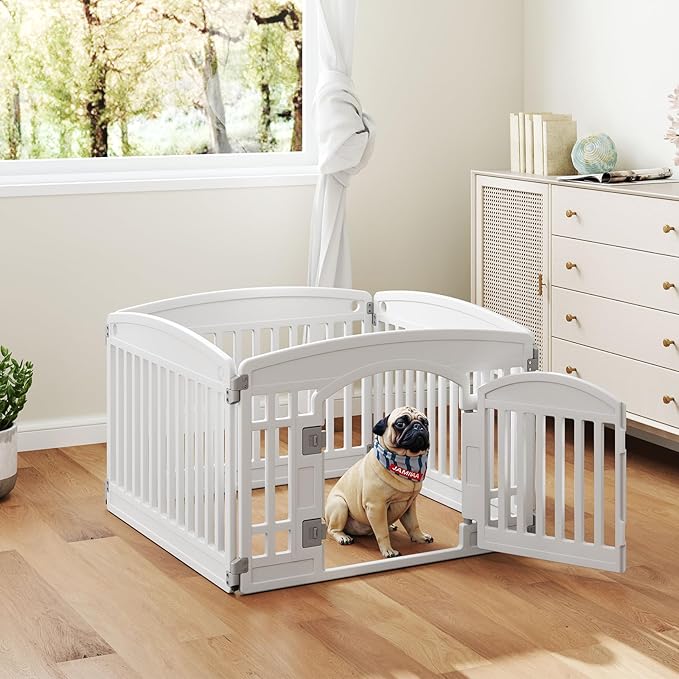 Plastic Dog Playpen | 4-Panel 24" Safe & Secure Indoor/Outdoor Pet Fence | Folding & Portable | Ideal for Small Dogs | Easy to Clean （White）