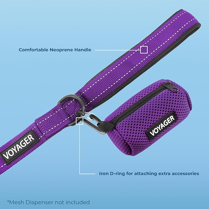 Voyager Reflective Dog Leash Collar Set with Neoprene Handle Supports Small, Medium, and Large Breed Puppies, Cute and Heavy Duty for Walking, Running, and Training - Purple, M