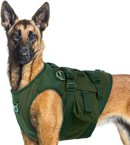 DORA BRIDAL Tactical Dog Harness, Service Dog Molle Vest with Handle, Military Dog Harness with Hook & Loop Panels, Heavy Duty No Pull Adjustable Dog Vest for Training, Walking, Hiking, Green XL