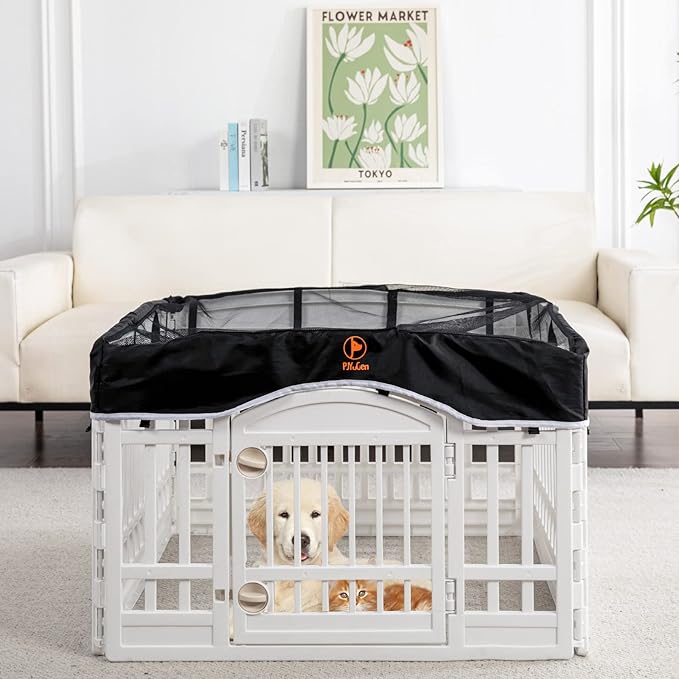 PJYuCien Dog Playpen Mesh Top Cover, Fits 36 Inch 4 Panels Regular Square Plastic Exercise Pet Pen, Telescopic Buckles Connections, Black (Note: Cover Only, Fence Not Included)