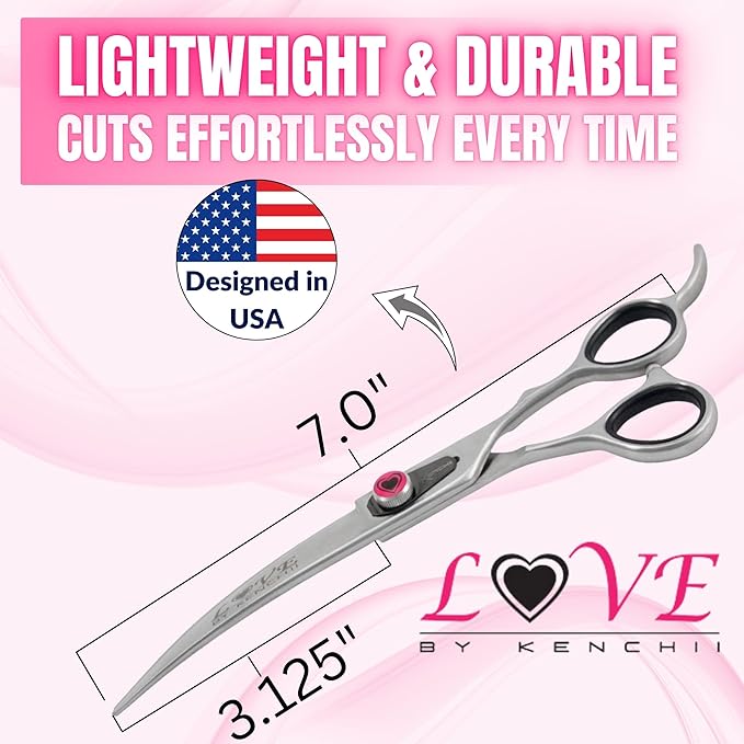 Kenchii Dog Grooming Scissors | 7 Inch Shears | Curved Scissors for Dog Grooming | Love Collection Dog Shears | Pet Grooming Accessories | Pet Hair Trimming Scissor