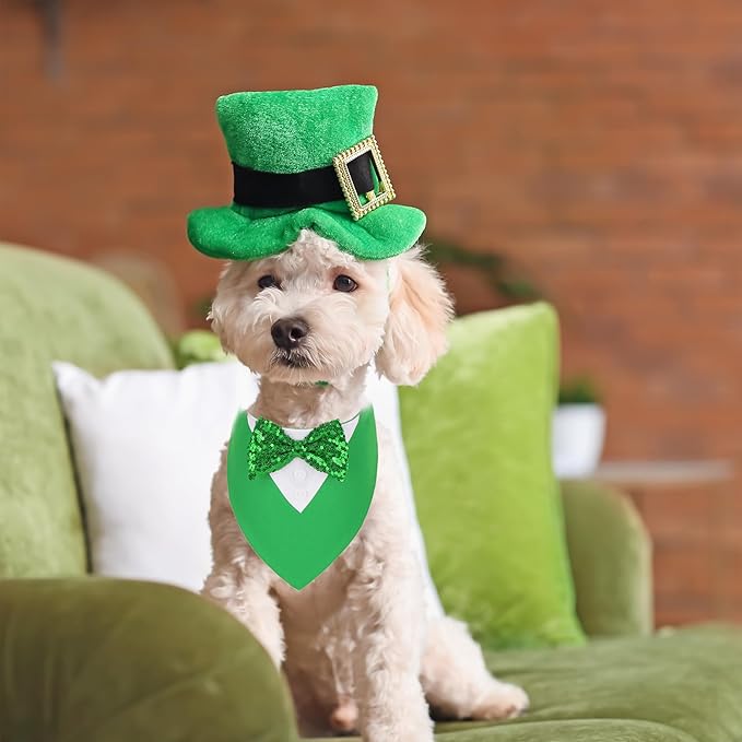ADOGGYGO St.Patrick's Day Dog Tuxedo Bandana, Green Pet Tux Collar with Bowtie Adjustable St Patricks Costume for X-Small Dogs Pets (XS)