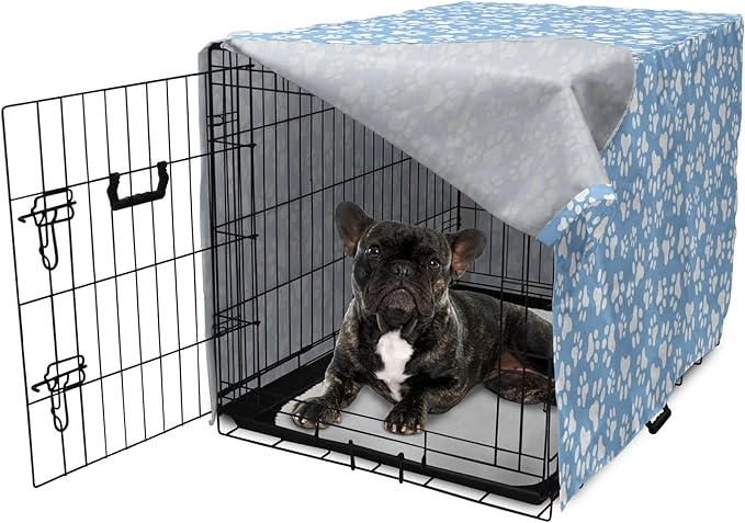 Ambesonne Paw Print Dog Crate Cover, Animal Themed Pattern with Pet Foot Marks on Blue Toned Background Print, Easy to Use Pet Kennel Cover for Cats & Medium Dogs, 30 Inch, Sky Blue