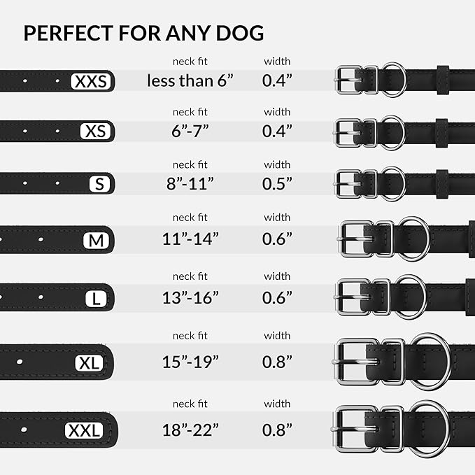 CollarDirect Rolled Leather Dog Collar, Soft Padded Round Puppy Collar, Handmade Genuine Leather Collar Dog Small Large Cat Collars 13 Colors (6-7 Inch, Black Smooth)