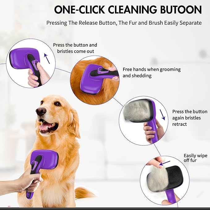 5 PCS Dog Grooming Brush Kit – Self Cleaning Slicker Brush for Shedding Short & Long Haired Dogs & Cats. Removes Loose Fur, Undercoat, Mats, Tangles for Small, Medium & Large Pets. Purple