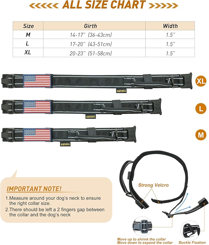 Tactical Dog Collar - AUBELL Adjustable Military Training Nylon Reflective Dog Collar with Handle and Heavy Duty Metal Buckle for Medium Large Dogs, with Airtag Holder and 2 Patches(Black, M)