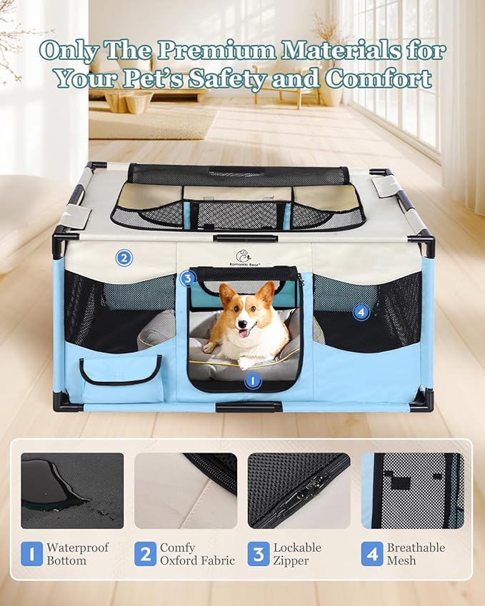 Dog Playpen, Sturdy Puppy Playpens, 32x24x22 Portable Soft Cat Kennel Crate, Indoor & Outdoor Pet Pen with PVC Pipe Frame, Lightweight Cage for Small Animals with Carrying Bag (Blue M)