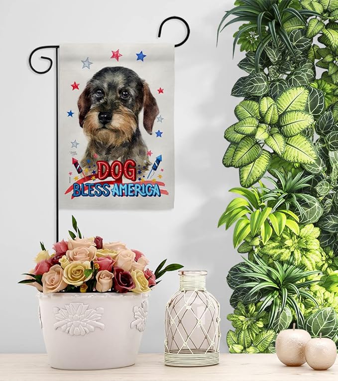 Breeze Decor Patriotic Wire Haired Dachshund Garden House Flag-Kit Dog Puppy Spoiled Paw Canine Fur Pet Nature Farm Animal Creature Decoration Banner Small Yard Gift Double-Sided, Made in USA