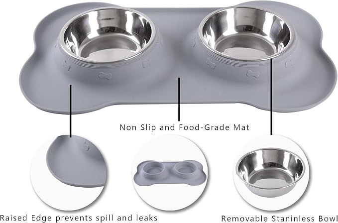Hubulk Pet Dog Bowls 2 Stainless Steel Dog Bowl with No Spill Non-Skid Silicone Mat + Pet Food Scoop Water and Food Feeder Bowls for Feeding Small Medium Large Dogs Cats Puppies (Large, Gray)