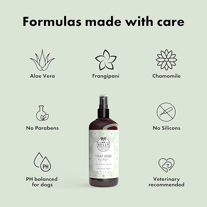 Belly Dog Cologne, 8.5 oz - Neat Dog Frangipani - Neutralize Strong Odors - Premium Scented Deodorizing Body Spray for Dogs - Made in Germany
