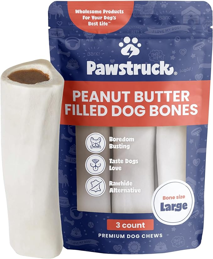Pawstruck Large 5-6" Filled Dog Bones, Peanut Butter Flavor - Made in USA Long Lasting Stuffed Femur for Aggressive Chewers Dental Treat - Pack of 3 - Packaging May Vary