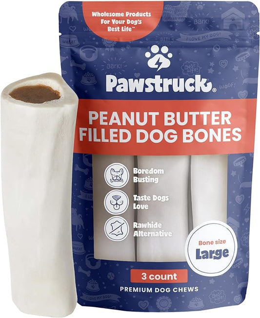 Pawstruck Large 5-6" Filled Dog Bones, Peanut Butter Flavor - Made in USA Long Lasting Stuffed Femur for Aggressive Chewers Dental Treat - Pack of 3 - Packaging May Vary