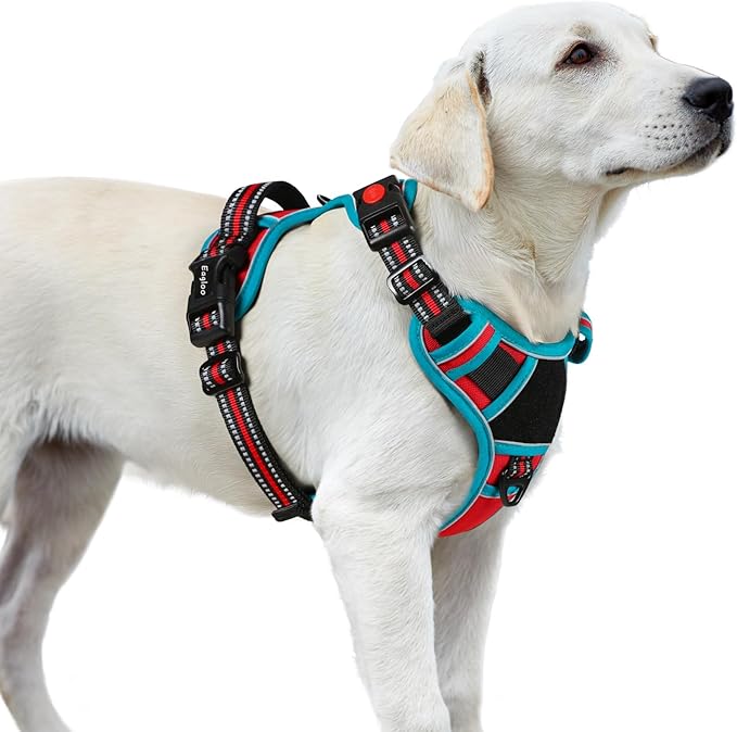 Eagloo Dog Harness for Large Dogs, Easy Wearing with 3 Buckles, Adjustable No Pull Pet Harness with 2 Rings for Walking, No Chock Reflective Soft Padded Vest with Control Handle, Red & Teal, L