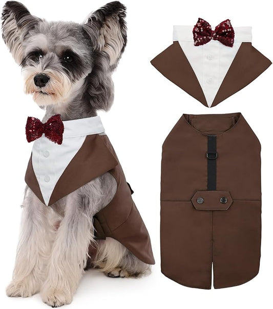 Kuoser Dog Tuxedo Dog Suit and Bandana Set, Dogs Tuxedo Wedding Party Suit, Doggy Prince Bow Tie Shirt Formal Pet Wedding Attire for Large Medium and Small Dogs Golden Retriever Samo Bulldogs