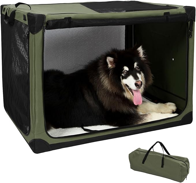 Pettycare Portable Travel Dog Crate 4-Door Soft Sided 42 Inch Collapsible Dog Crate with Curtains Durable Mesh Foldable Pet Kennel Soft Crates for Large Dogs Indoor & Outdoor Olive Green