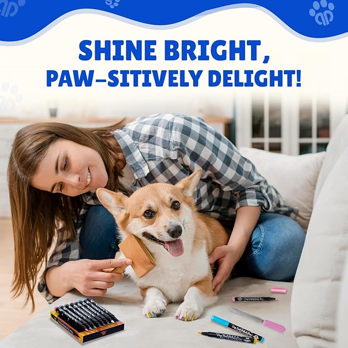 Dog Nail Polish Pens Quick-Dry Set – 8 Metallic & Matte Colors Pawlish Pens, 1 Nail File with 1 Top Coat Pen – Non-Toxic, Easy to Apply, Pet-Safe Accessories for Small & Large Puppies & Cats