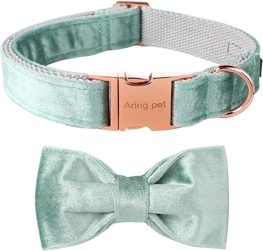 ARING PET Velvet Dog Collars with Bow tie, Dog Bowtie Collar, Adjustable Green Dog Collar,Large.