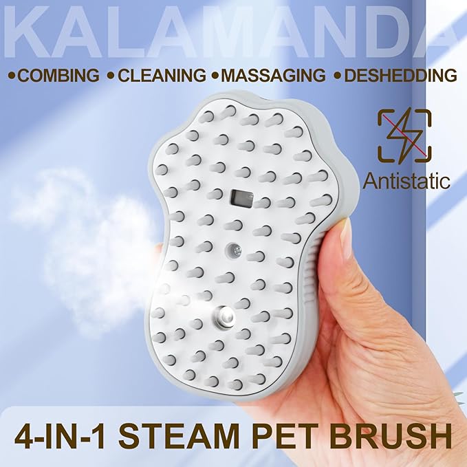 Cat Steam Brush for Shedding, 4 in 1 Steamy Cat Brush with Cleanser, Dog Massage Grooming Brush with Release Button, Pet Hair Cleaning Misting Comb for Kitten(Grey Paw)