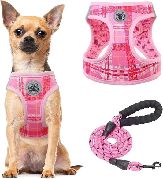 BEAUTYZOO Small Dog Harness and Leash Set, Step in No Chock No Pull Soft Mesh Dog Harnesses Reflective for Small Medium Puppy Dogs and Cats, Plaid Dog Vest Harness for S M Pets, Light Pink M