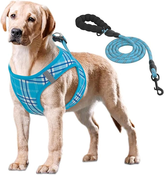 Athena Collection Step-in Dog Harness with 5 ft Leash, Large Dog Harness Leash Set Large No Pull Dog Vest Harness with Reflective Strips Adjustable Velcro, Easy Walk Dog Harness, Blue
