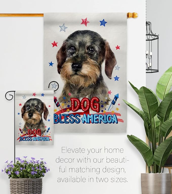 Breeze Decor Patriotic Wire Haired Dachshund Garden House Flag-Kit Dog Puppy Spoiled Paw Canine Fur Pet Nature Farm Animal Creature Decoration Banner Small Yard Gift Double-Sided, Made in USA