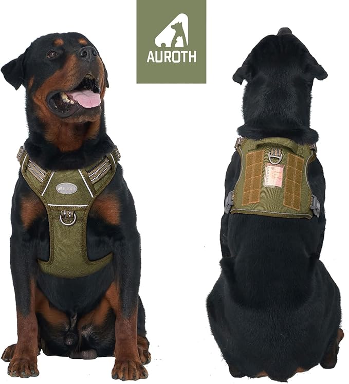 Auroth Tactical Dog Harness for Small Medium Large Dogs No Pull Adjustable Pet Harness Reflective K9 Working Training Easy Control Pet Vest Military Service Dog Harnesses L,Green