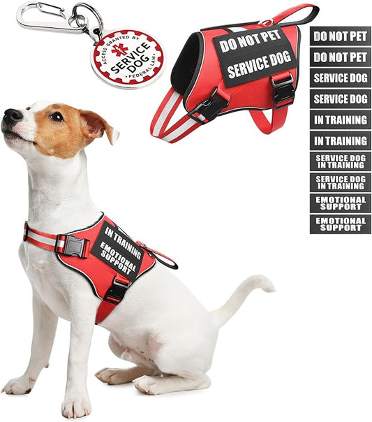 Service Dog Vest Harness+ID Tag+10 Patches,Metal Serivce Dog Tag&Reflective Emotional Support Dog Vest with Handle for Small Dogs,Easy Put On/Off for Training/Walking/Everyday Red XS