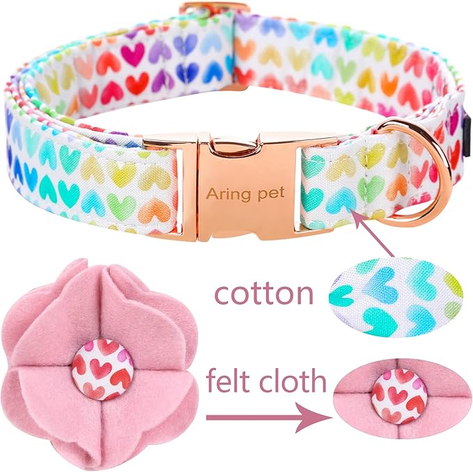 ARING PET Valentine's Day Dog Collar-Adorable Dog Collar with Felt Flower, Cotton Colorful Heart Dog Collars Pet Collars with Metal Buckle
