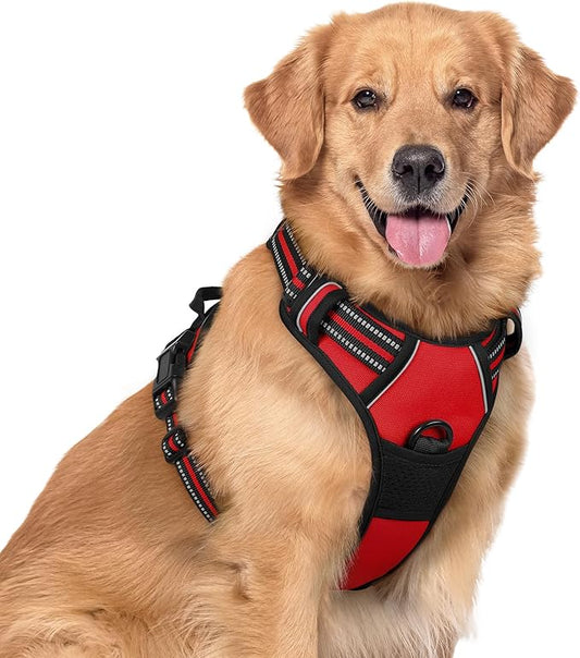 rabbitgoo Dog Harness, No-Pull Pet Harness with 2 Leash Clips, Adjustable Soft Padded Dog Vest, Reflective No-Choke Pet Oxford Vest with Easy Control Handle for Large Dogs, Red, XL