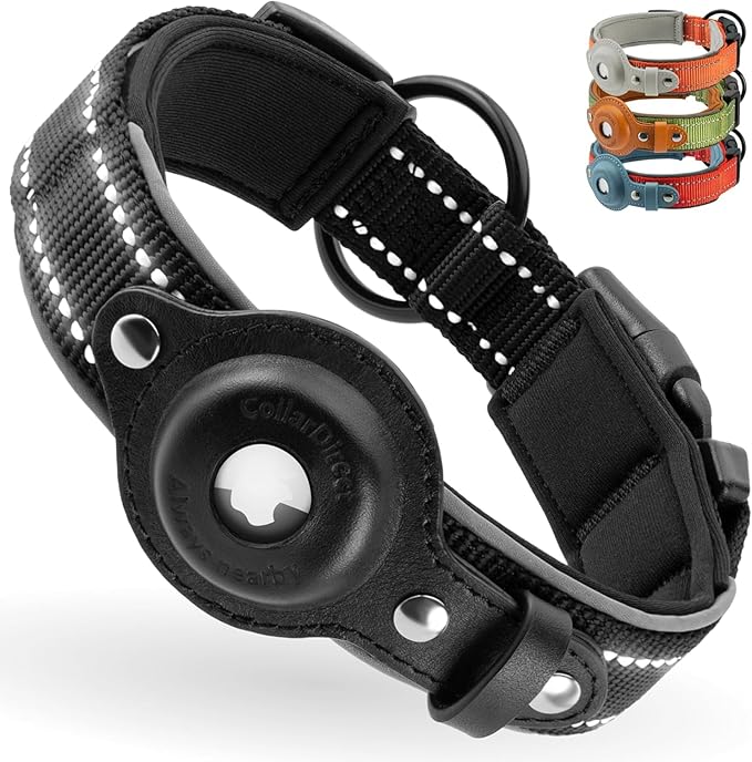 Airtag Dog Collar, CollarDirect, Reflective Dog Collar for Apple Air Tag for Large, Medium, and Small Dogs, Black, Size L