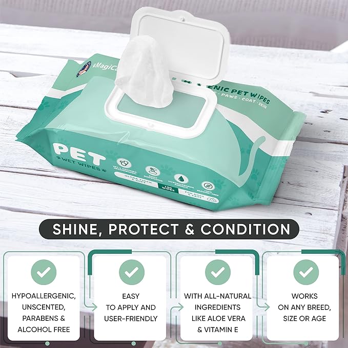MAGICARE Dog Wipes for Paws, Butt, Ears & Eyes – 100 Extra Wet & Thick Unscented Grooming Pet Wipes for Dogs & Cats – Deodorizing, Hypoallergenic – Made in USA