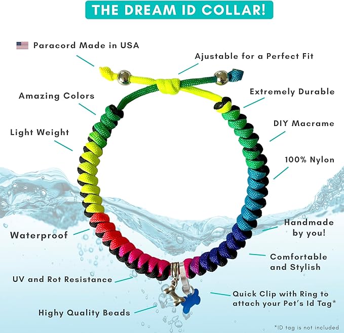 Paracord Kit - Complete Accessories for Making Necklace Dog and Owner Matching Bracelet - Easy Video Tutorial - Waterproof Pet ID Tag Clip Included - Medium Dog, Rainbow