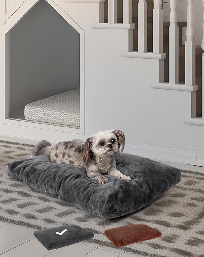 OhGeni Comfort Fluffy Dog Bed with Removable Washable Cover & Waterproof Lining, Chew Proof & Non-Slip Soft Crate Bed for Large, Medium, Small Size Dogs, 29in(Gray)