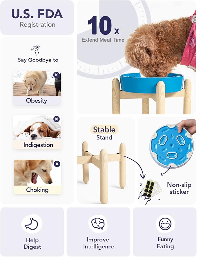 LE TAUCI Ceramic Slow Feeder Dog Bowls Elevated, 3 Cups Raised Dog Bowl with Wooden Stand for Medium Large Breed, Dog Dishes to Slow Down Eating, Puzzle Dog Food Bowl, Vortex Blue