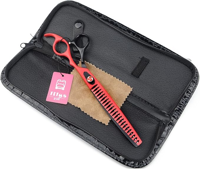 LILYS PET HIGH-END SERIES 8-Inch Japanese 440C Pet Dog Chunker Shears,Fishbone-shaped Big Tooth Professional Pet Grooming Chunker Scissors With Beautiful Red Screw (Black-Red)