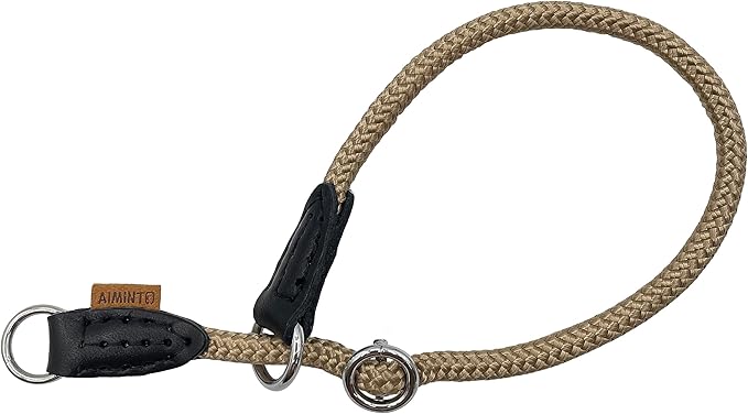 Braided Rope Collar, Pro Training Dog Collar, No Pull Round Martingale Collar, Slip Collar with Slidable Stop Ring - Ideal for Extra Small Dogs (XS (1/4") - 14" Long, Khaki)