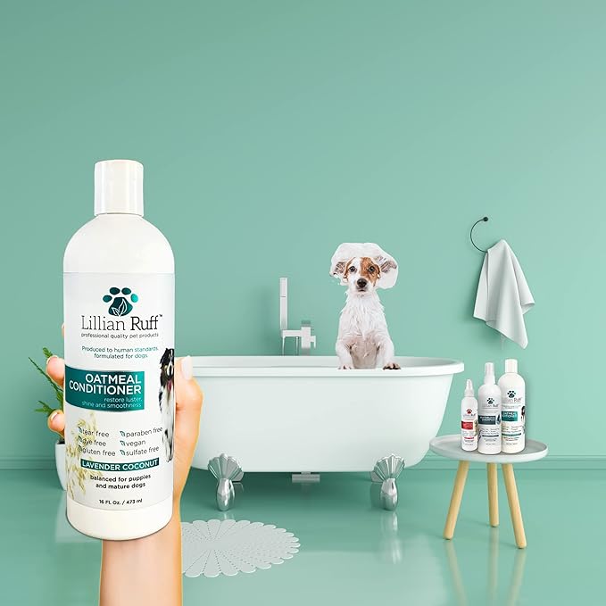 Lillian Ruff Calming Oatmeal Pet Conditioner for Dry Skin & Itch Relief with Aloe & Hydrating Essential Oils - Replenish Moisture & Deodorize - Soothing Conditioning for Normal/Sensitive Skin (16oz)