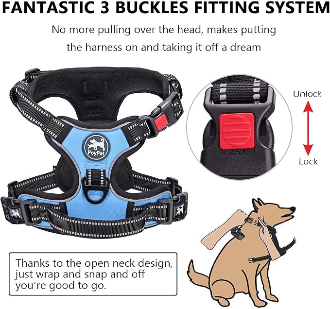 PoyPet Dog Harness No Pull, Reflective Adjustable No Choke Pet Vest with Front & Back Clips, Soft Padded and Control Training Handle for Large Dogs(Light Blue,XL)