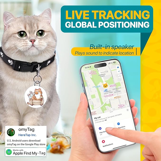 Cat Tracker-Airtag Cat Collar-GPS Tracker for Cats-Android Airtag-Pet Tracker| Android and iOS Universal | No Monthly Fee | No Charging Required | Waterproof