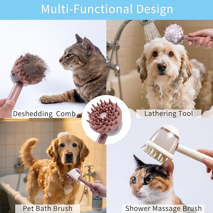 3-in-1 Pet Bath Brush for Dogs & Cats | Shower Massage Brush, Deshedding Comb & Lathering Tool | Anti-Frizz Grooming Brush for Bath Time (beige)
