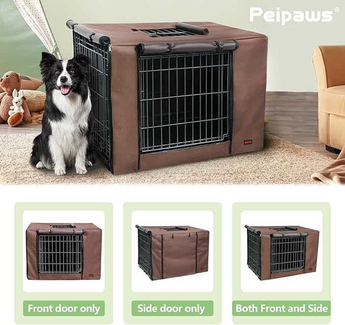 Dog Crate Cover 30 Inch - Waterproof Kennel Cover with Top Window, 600D Oxford Fabric Dog Cage Cover Fit for Most Double Door Wire Crate, Unique Drinking Hole Design, Brown (Cover Only)
