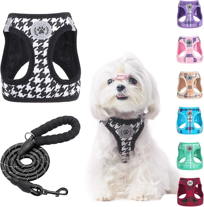 BEAUTYZOO Small Dog Harness and Leash Set,Step in No Chock No Pull Soft Mesh Dog Harnesses Reflective for Extra-Small/Small Medium Puppy Dogs and Cats, Plaid Dog Vest Harness for XS S Pets, Black XS
