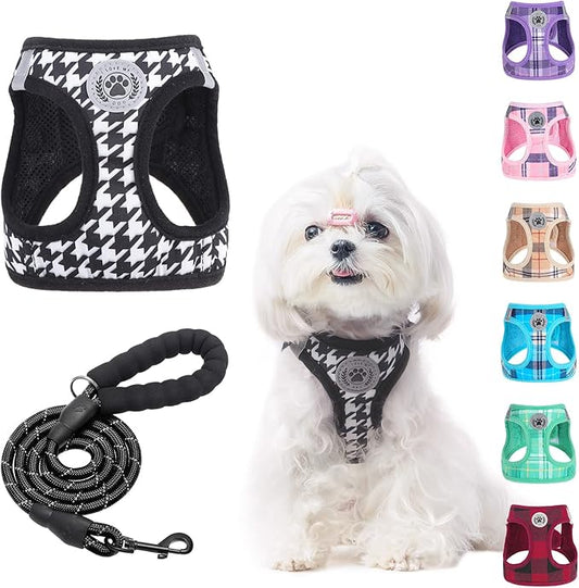 BEAUTYZOO Small Dog Harness and Leash Set,Step in No Chock No Pull Soft Mesh Dog Harnesses Reflective for Extra-Small/Small Medium Puppy Dogs and Cats, Plaid Dog Vest Harness for XS S Pets, Black XS