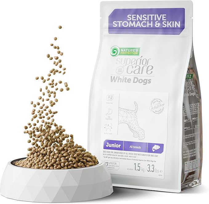 Nature's Protection Superior Care White Dogs Grain-Free Dry Dog Food for Junior Light Coated Dogs, Salmon, 3.3 lbs.