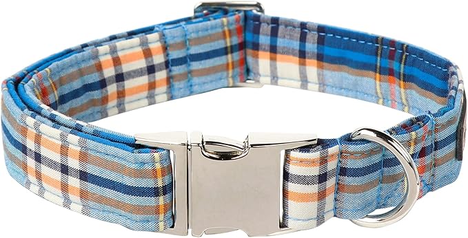 Lionet Paws Boy Dog Collar, Comfortable Adjustable Cute Blue Plaid Collar with Metal Buckle for Male Dogs Gift, Medium, Neck 13.5-22 inches