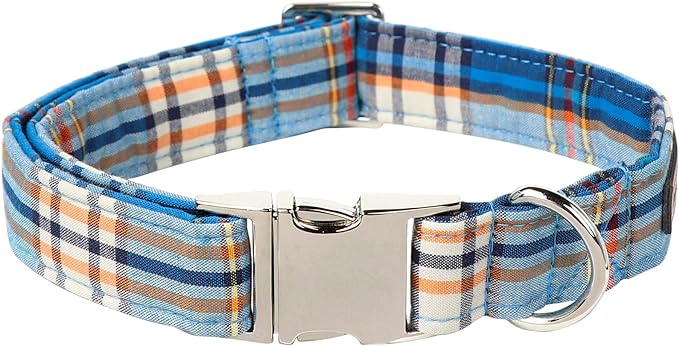 Lionet Paws Boy Dog Collar, Comfortable Adjustable Cute Blue Plaid Collar with Metal Buckle for Male Dogs Gift, Large, Neck 16-24 inches