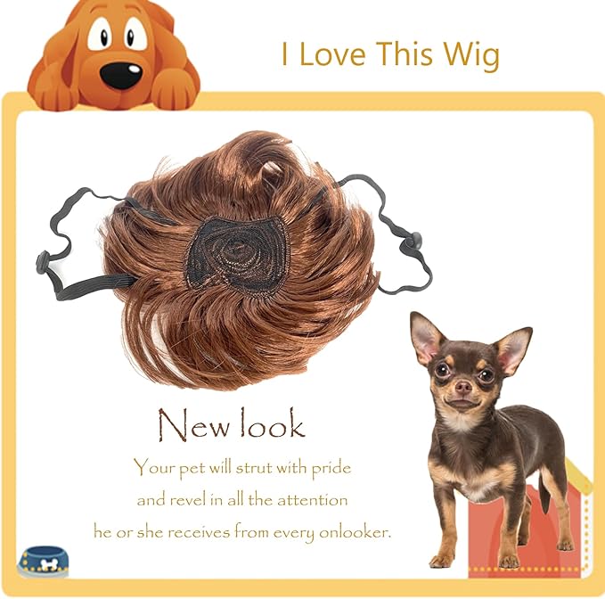 Pet Costume Dog Wig, Dog Clothes with Collar & Tie Head Wear Apparel Toy for Halloween, Christmas, Parties, Festivals (Dark Brown)