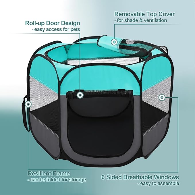 Pet Puppy Playpen for Cat Dog Indoor Outdoor, Foldable Portable Tent, Pop Up Dog Kitten Kennel Playpen with Carrying Case and Bowl,Green,Small